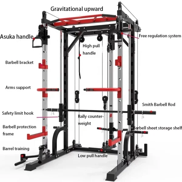 In Stock Wholesale Home Gym Fitness Equipment Multi Function Crosser Trainer Smith Machine Power Rack Cage Adjustable Squat Rack